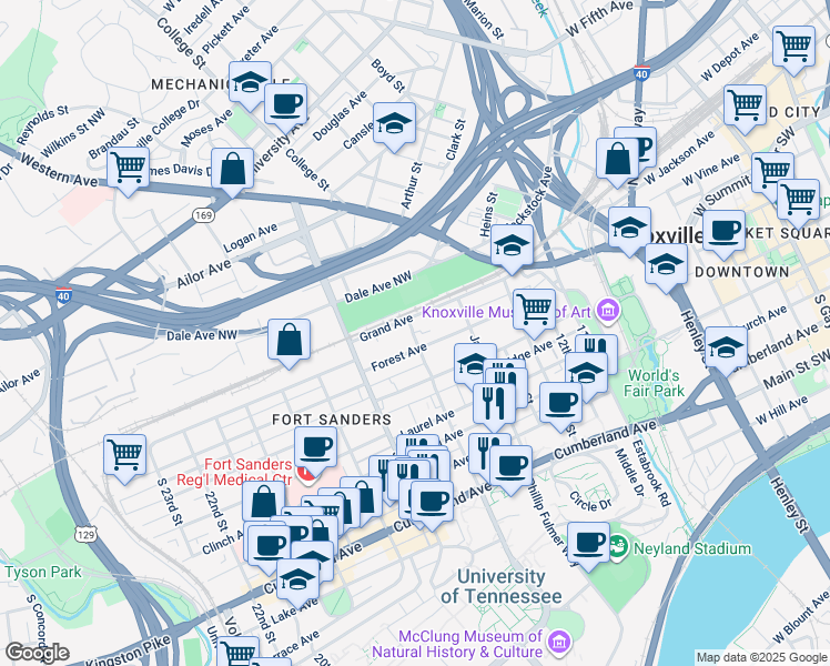 map of restaurants, bars, coffee shops, grocery stores, and more near 100 Grand Avenue in Knoxville