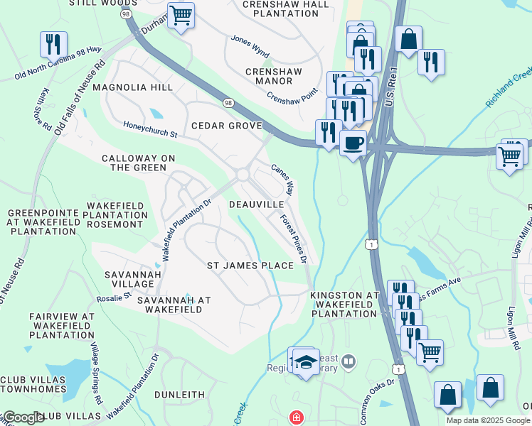 map of restaurants, bars, coffee shops, grocery stores, and more near 3201 Canes Way in Raleigh