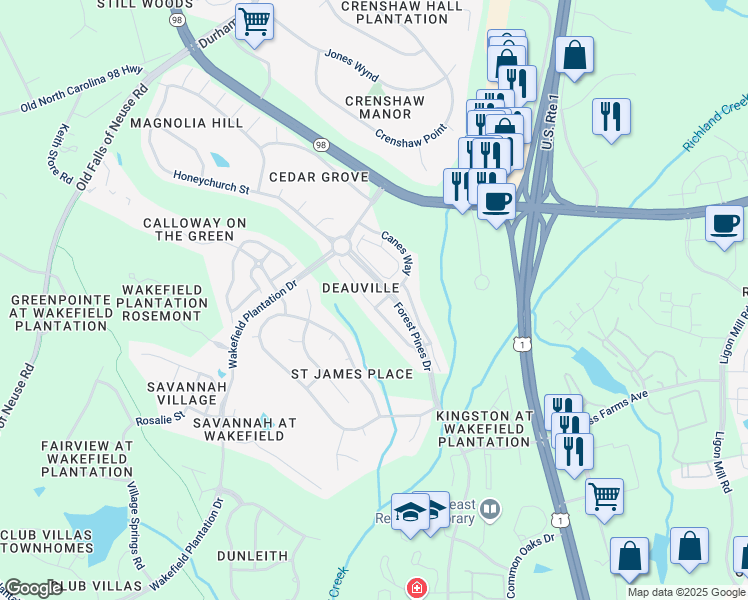 map of restaurants, bars, coffee shops, grocery stores, and more near 3201 Canes Way in Raleigh
