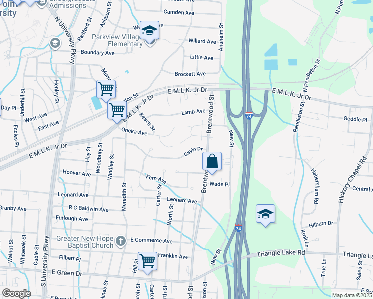 map of restaurants, bars, coffee shops, grocery stores, and more near 1729 Gavin Drive in High Point