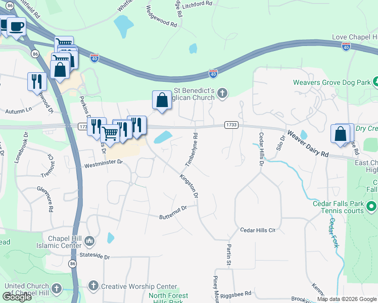 map of restaurants, bars, coffee shops, grocery stores, and more near 12 Timberlyne Road in Chapel Hill