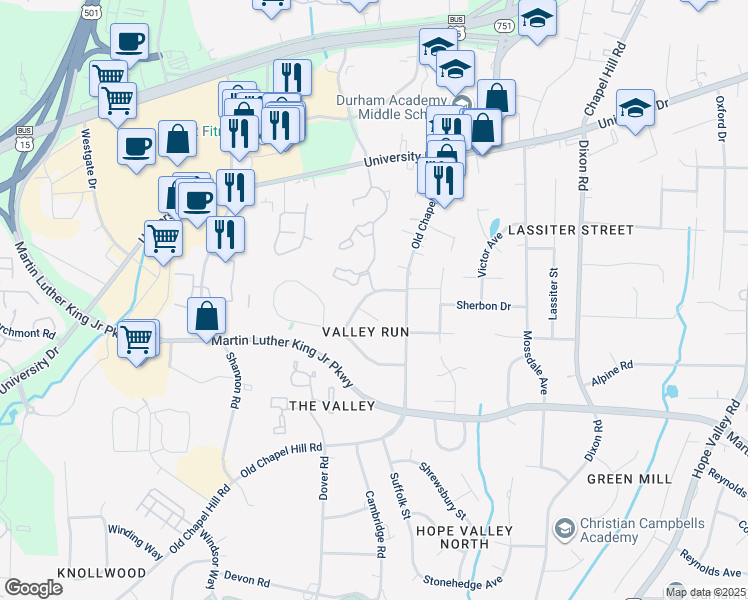 map of restaurants, bars, coffee shops, grocery stores, and more near 3317 Bonaparte Way in Durham