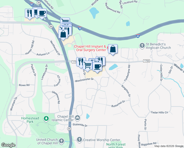 map of restaurants, bars, coffee shops, grocery stores, and more near 1129 Weaver Dairy Road in Chapel Hill