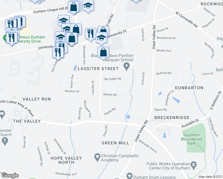 map of restaurants, bars, coffee shops, grocery stores, and more near 2712 Winton Road in Durham