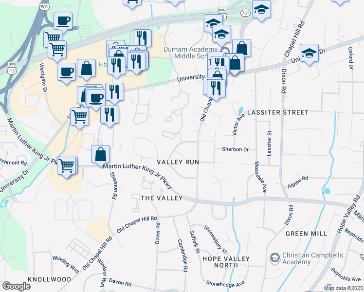 map of restaurants, bars, coffee shops, grocery stores, and more near 3317 Bonaparte Way in Durham