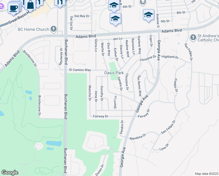 map of restaurants, bars, coffee shops, grocery stores, and more near 1513 Marita Drive in Boulder City