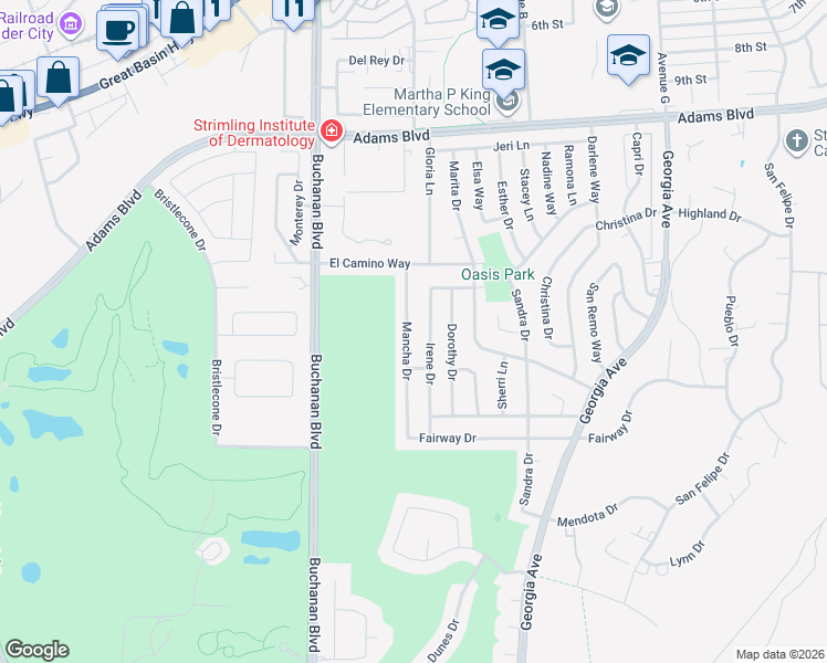 map of restaurants, bars, coffee shops, grocery stores, and more near 1521 Mancha Drive in Boulder City