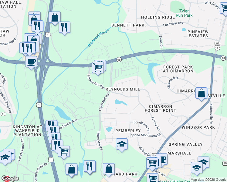 map of restaurants, bars, coffee shops, grocery stores, and more near 11051 Ligon Mill Road in Wake Forest
