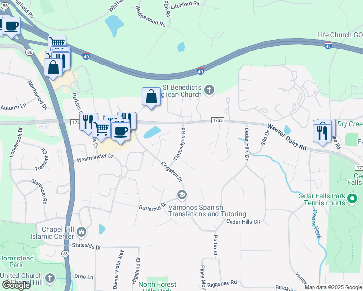 map of restaurants, bars, coffee shops, grocery stores, and more near Timberlyne Road in Chapel Hill