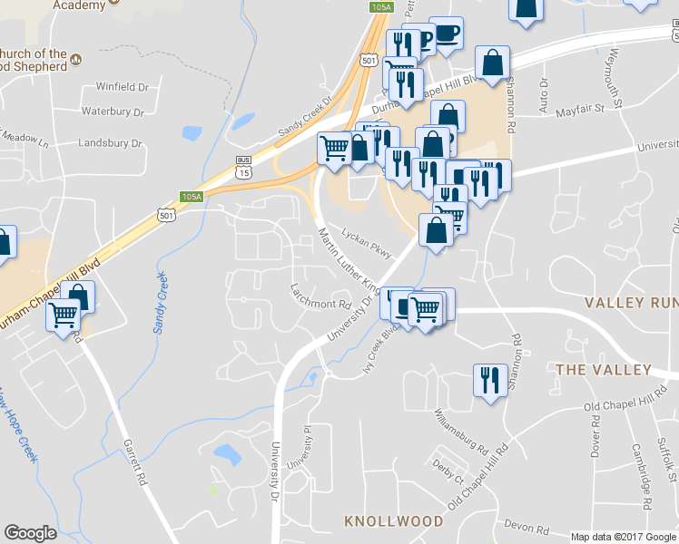 map of restaurants, bars, coffee shops, grocery stores, and more near 702 Gatehouse Lane in Durham