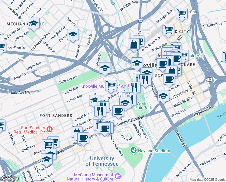map of restaurants, bars, coffee shops, grocery stores, and more near 1205 Highland Avenue in Knoxville