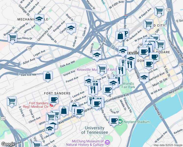 map of restaurants, bars, coffee shops, grocery stores, and more near 1316 Forest Avenue in Knoxville