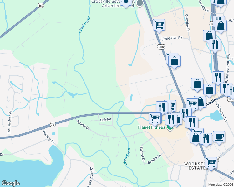 map of restaurants, bars, coffee shops, grocery stores, and more near in Crossville