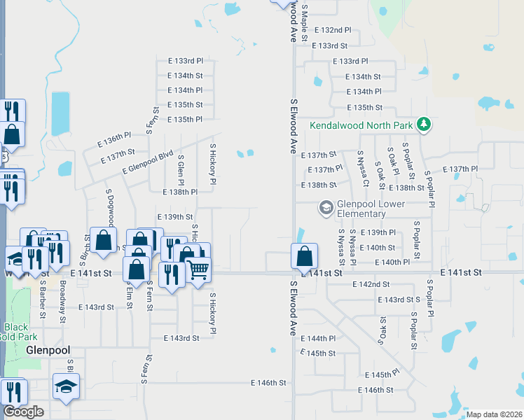 map of restaurants, bars, coffee shops, grocery stores, and more near 13830 South Elwood Avenue in Glenpool
