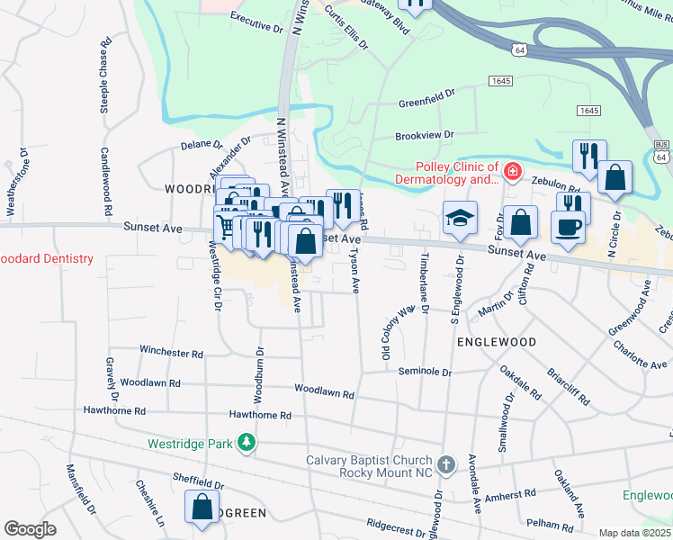 map of restaurants, bars, coffee shops, grocery stores, and more near Brookdale Road in Rocky Mount