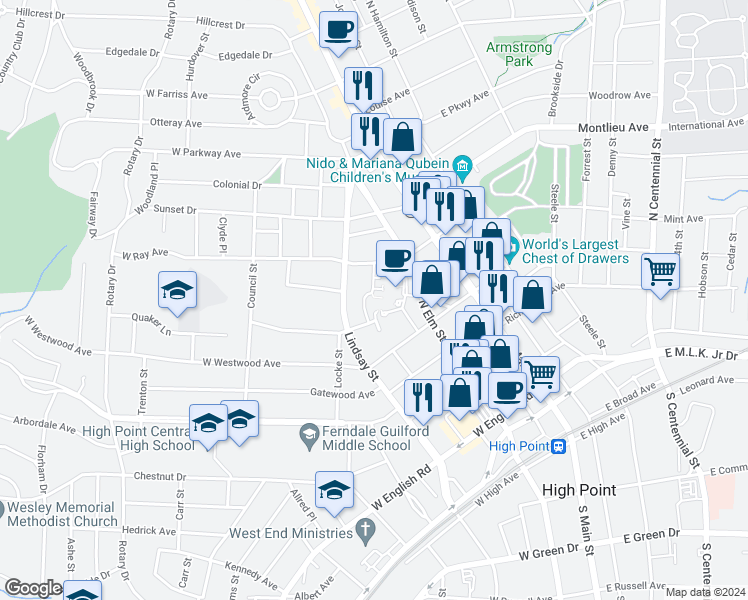 map of restaurants, bars, coffee shops, grocery stores, and more near 601 North Elm Street in High Point