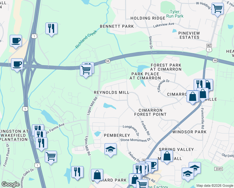 map of restaurants, bars, coffee shops, grocery stores, and more near 316 Reezy Lane in Wake Forest