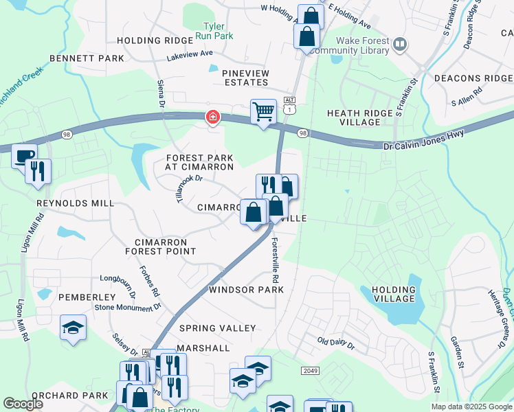 map of restaurants, bars, coffee shops, grocery stores, and more near 1201 Ventura Springs Court in Wake Forest