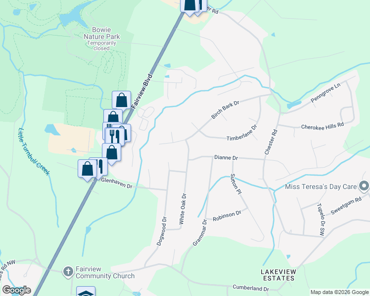 map of restaurants, bars, coffee shops, grocery stores, and more near 7101 White Oak Drive Southwest in Fairview