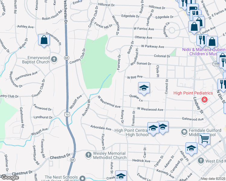 map of restaurants, bars, coffee shops, grocery stores, and more near 1027 Wellington Street in High Point
