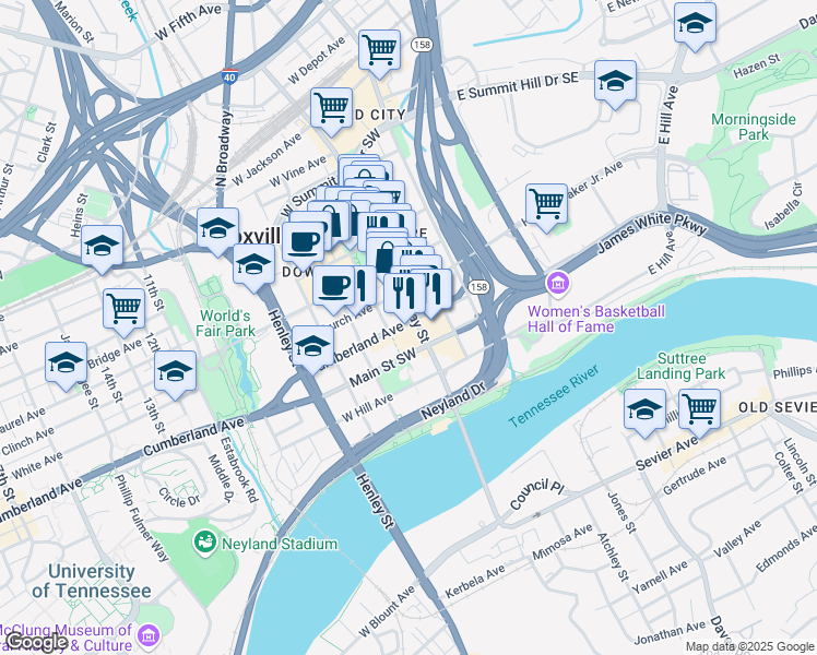 map of restaurants, bars, coffee shops, grocery stores, and more near 803 South Gay Street in Knoxville