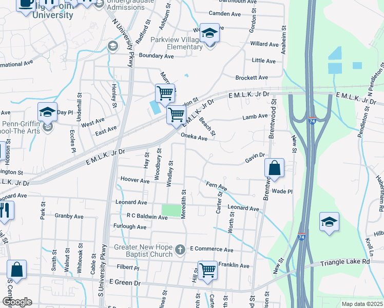 map of restaurants, bars, coffee shops, grocery stores, and more near 1604 Gavin Drive in High Point