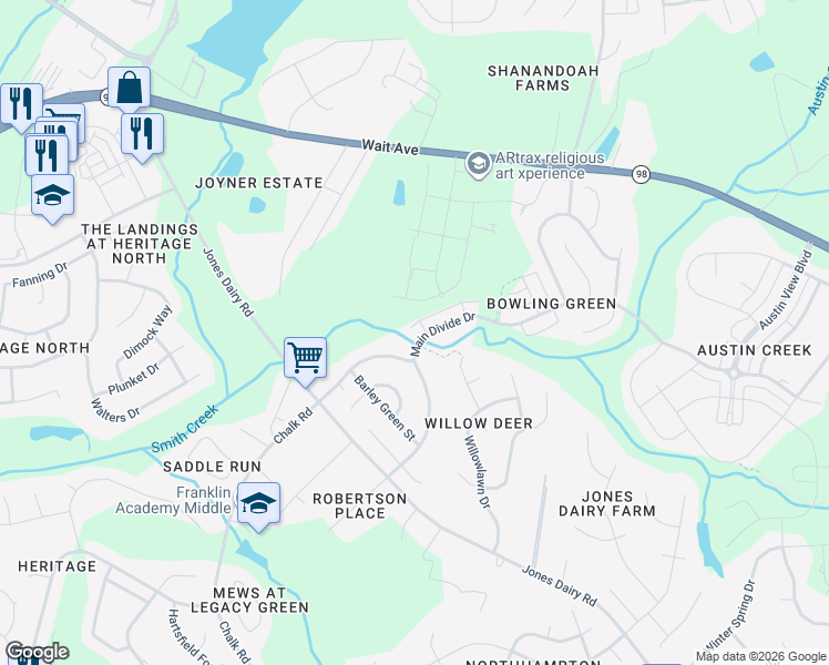 map of restaurants, bars, coffee shops, grocery stores, and more near 1611 Main Divide Drive in Wake Forest