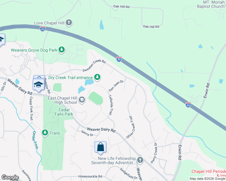 map of restaurants, bars, coffee shops, grocery stores, and more near 102 San Juan Drive in Chapel Hill