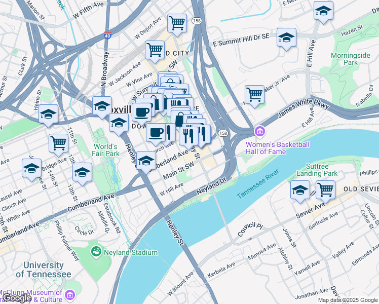 map of restaurants, bars, coffee shops, grocery stores, and more near 803 South Gay Street in Knoxville