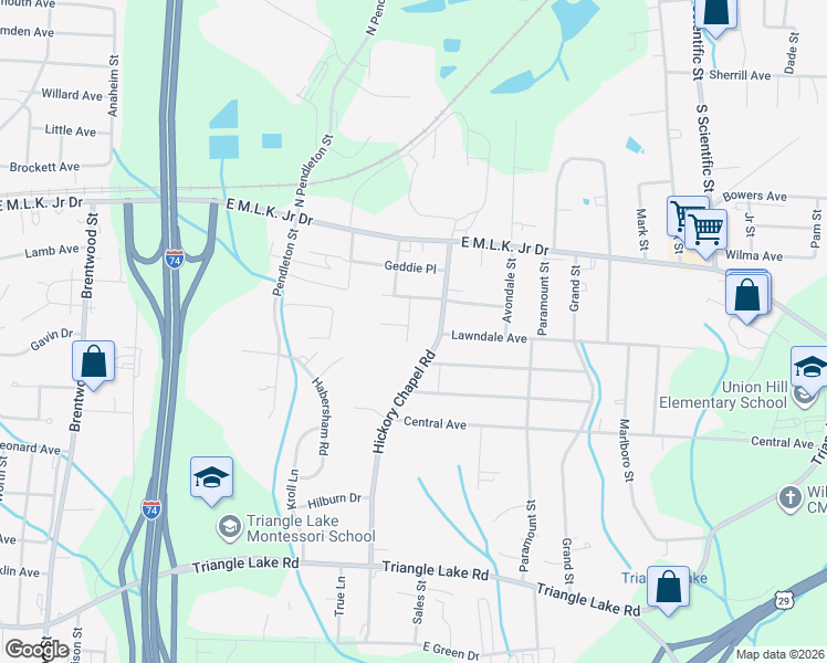 map of restaurants, bars, coffee shops, grocery stores, and more near 501 Pomeroy Place in High Point