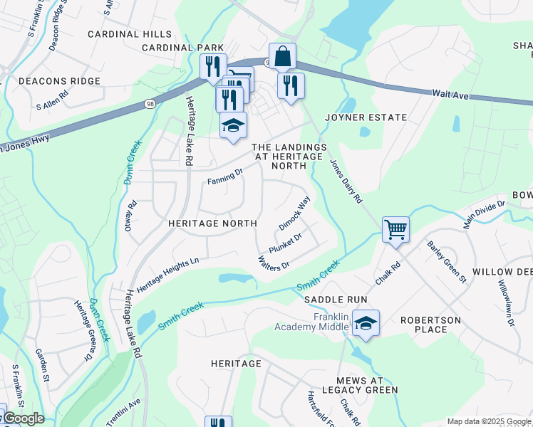 map of restaurants, bars, coffee shops, grocery stores, and more near 1328 Heritage Hills Way in Wake Forest