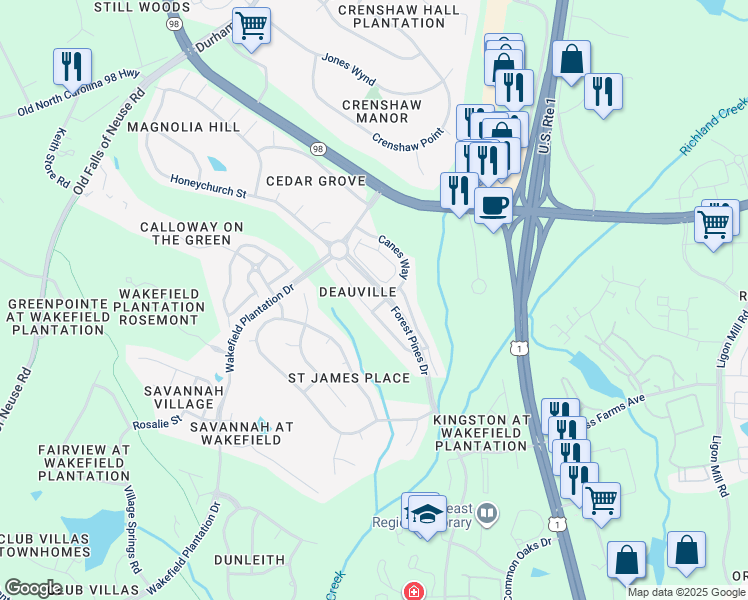 map of restaurants, bars, coffee shops, grocery stores, and more near 3205 Canes Way in Raleigh