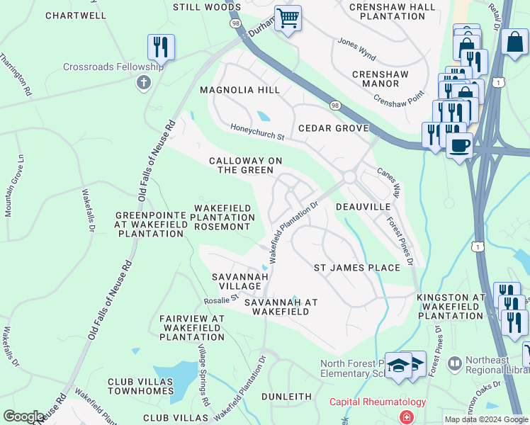 map of restaurants, bars, coffee shops, grocery stores, and more near 3001 Imperial Oaks Drive in Raleigh