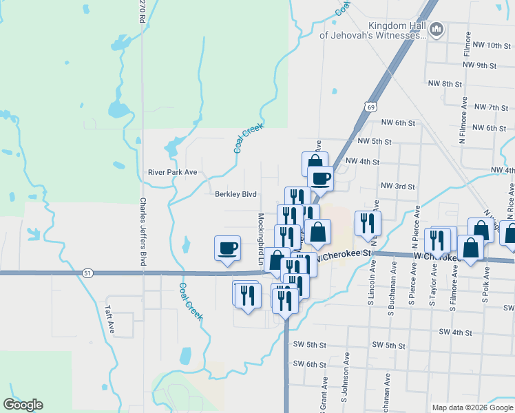map of restaurants, bars, coffee shops, grocery stores, and more near 1502 Crestwood Drive in Wagoner