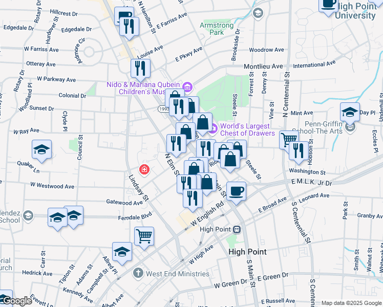 map of restaurants, bars, coffee shops, grocery stores, and more near 665 North Main Street in High Point