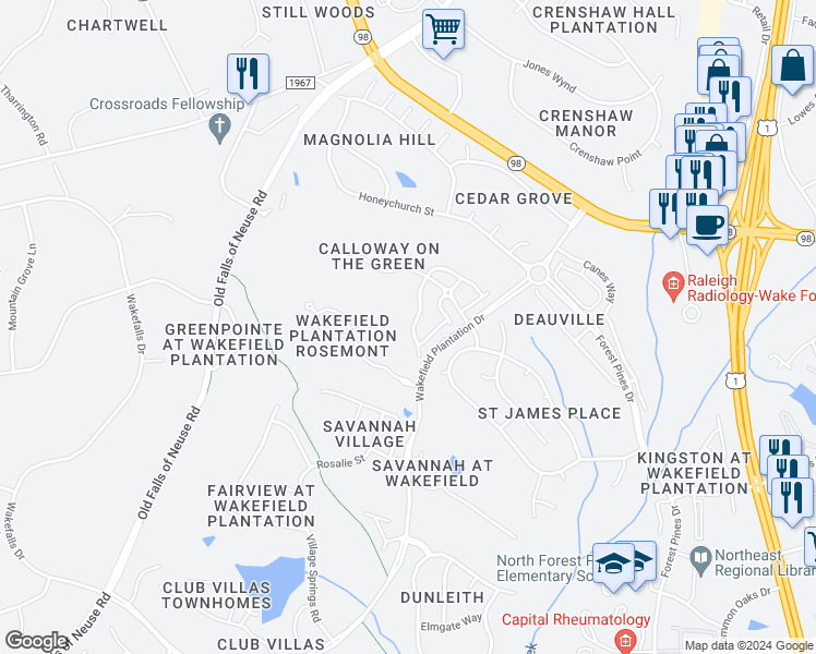 map of restaurants, bars, coffee shops, grocery stores, and more near 3001 Imperial Oaks Drive in Raleigh