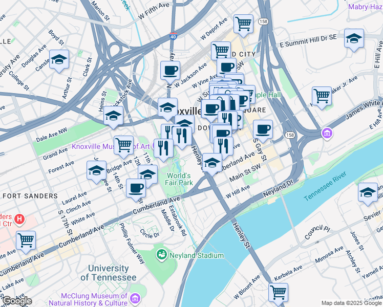 map of restaurants, bars, coffee shops, grocery stores, and more near 743 Clinch Avenue in Knoxville