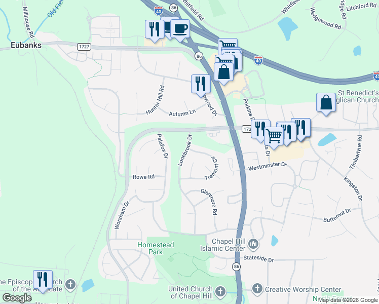 map of restaurants, bars, coffee shops, grocery stores, and more near 103 Lonebrook Drive in Chapel Hill