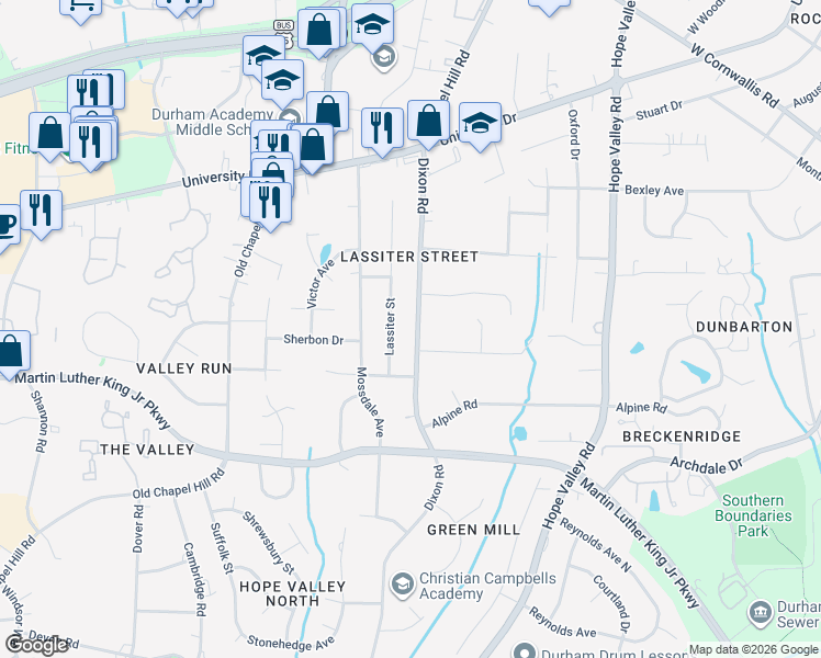 map of restaurants, bars, coffee shops, grocery stores, and more near 3134 Dixon Road in Durham