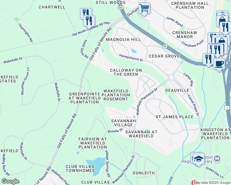 map of restaurants, bars, coffee shops, grocery stores, and more near 2300 Victoria Park Lane in Raleigh
