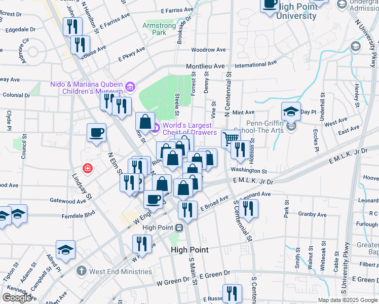 map of restaurants, bars, coffee shops, grocery stores, and more near 302 Steele Street in High Point