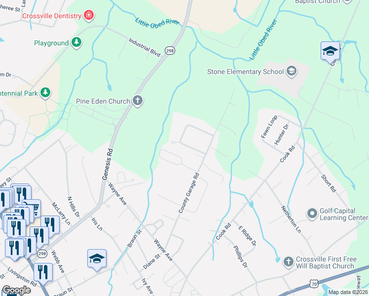map of restaurants, bars, coffee shops, grocery stores, and more near 111 Mayberry Street in Crossville