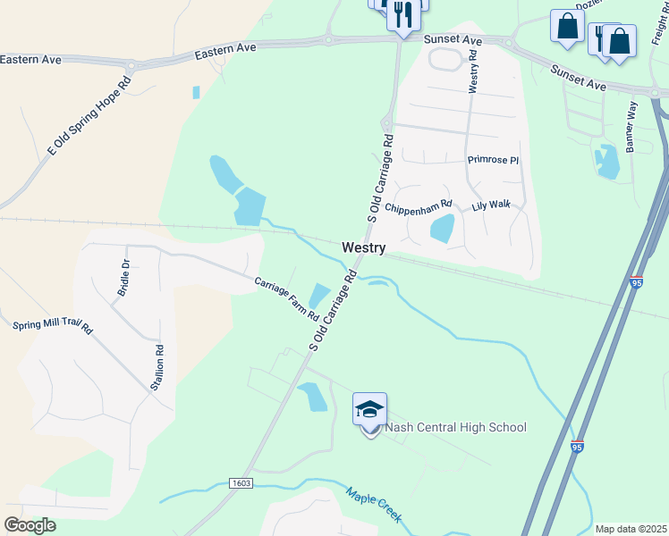 map of restaurants, bars, coffee shops, grocery stores, and more near 796 South Old Carriage Road in Rocky Mount