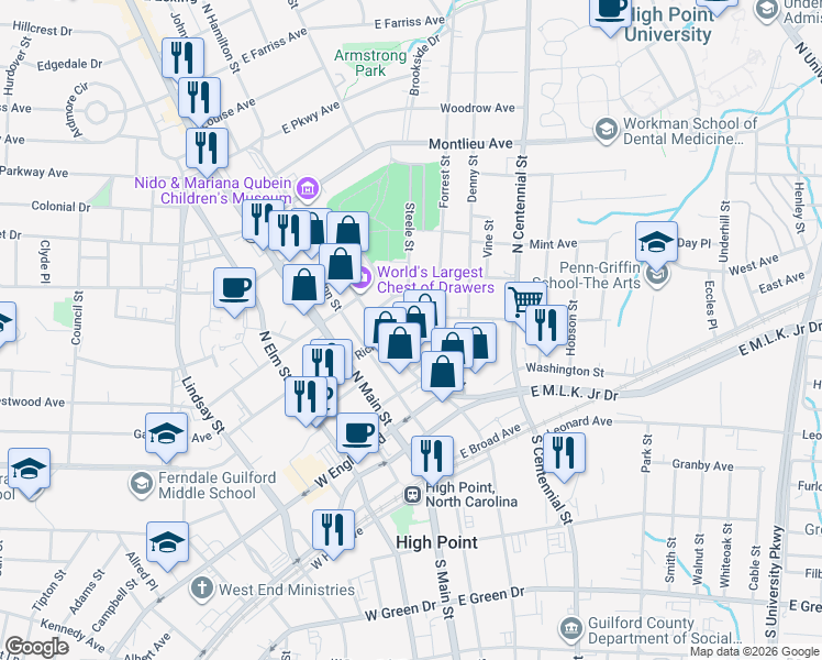 map of restaurants, bars, coffee shops, grocery stores, and more near 311 Richardson Avenue in High Point