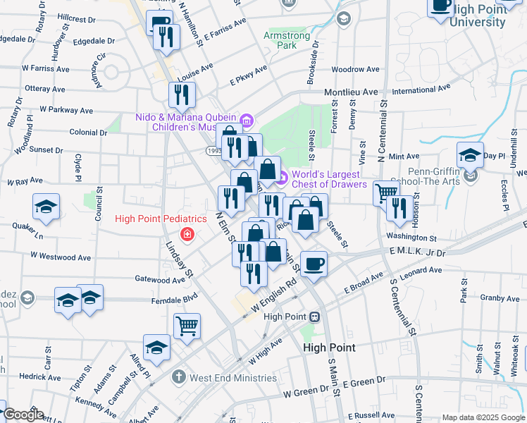 map of restaurants, bars, coffee shops, grocery stores, and more near 665 North Main Street in High Point