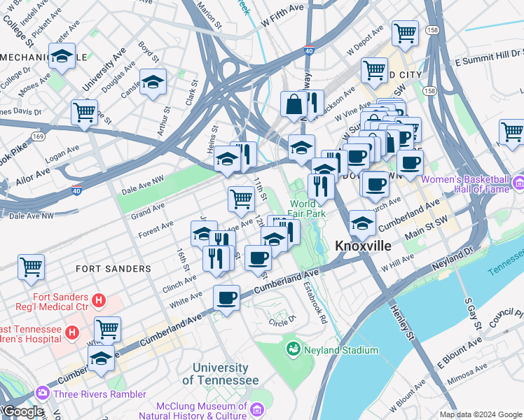 map of restaurants, bars, coffee shops, grocery stores, and more near 1105 Bridge Avenue in Knoxville