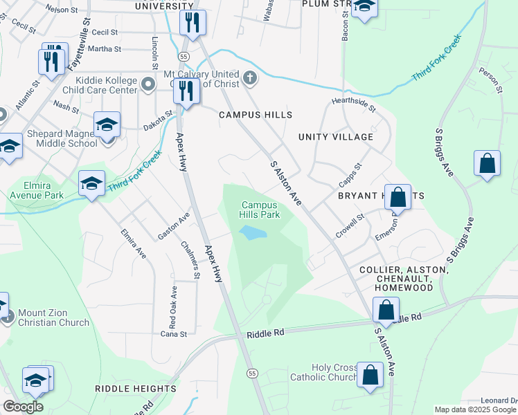 map of restaurants, bars, coffee shops, grocery stores, and more near 2000 South Alston Avenue in Durham
