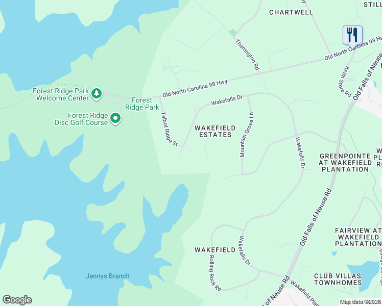 map of restaurants, bars, coffee shops, grocery stores, and more near 1816 Oatlands Court in Wake Forest
