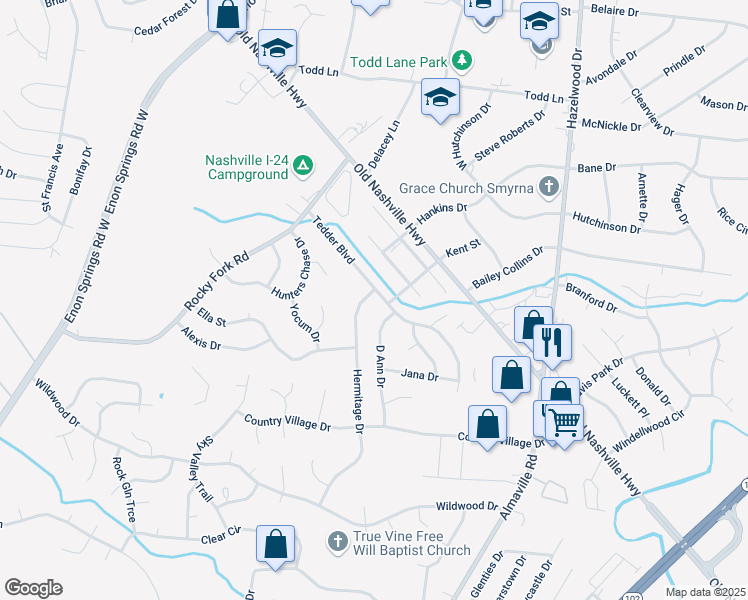 map of restaurants, bars, coffee shops, grocery stores, and more near 120 Tedder Boulevard in Smyrna