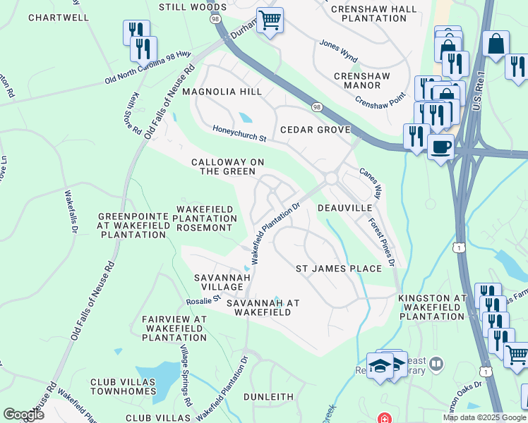 map of restaurants, bars, coffee shops, grocery stores, and more near 3127 Elm Tree Lane in Raleigh
